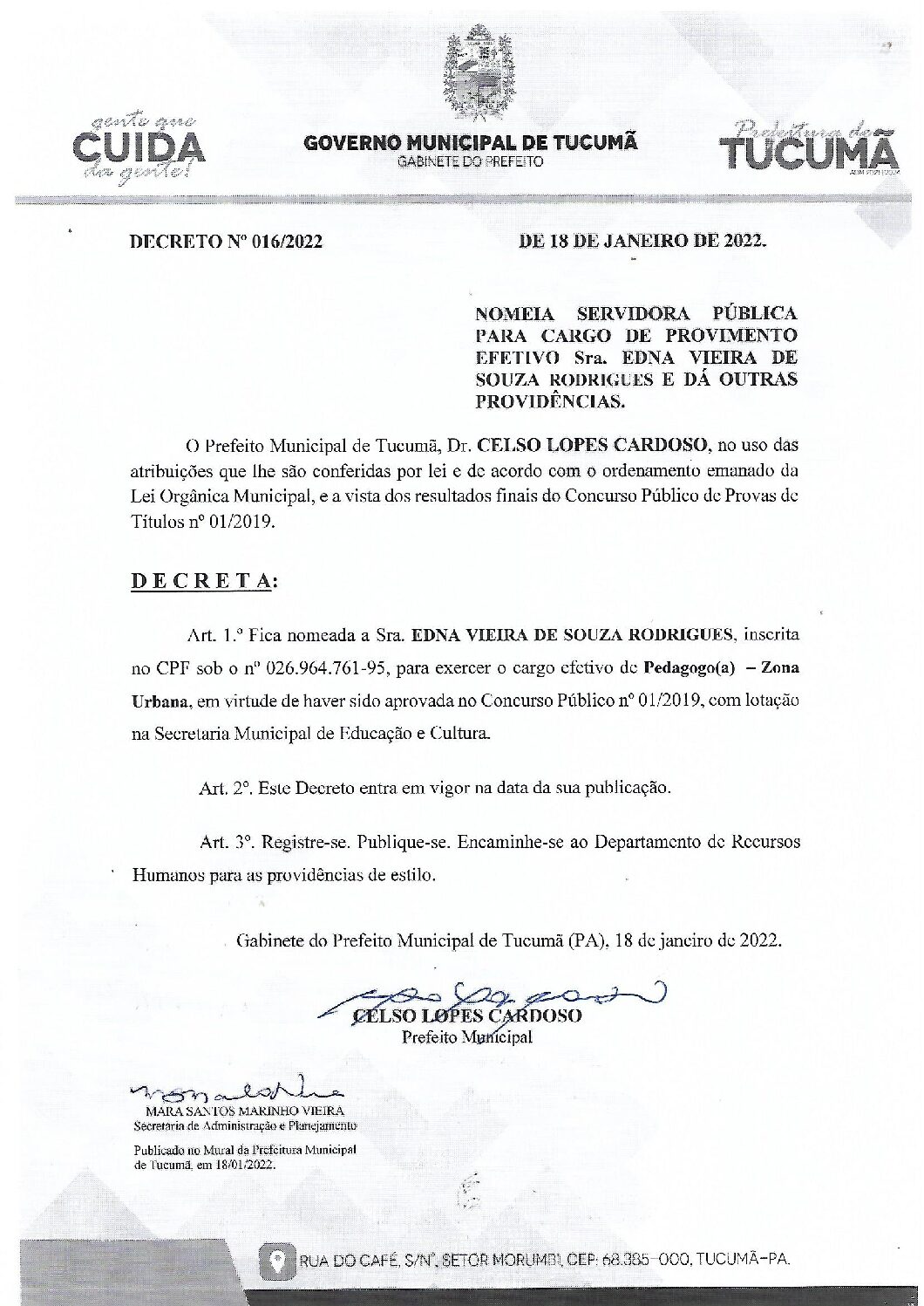 Decreto Nº 0162022 Nomeia Servidora Para Cargo De Provimento Efetivo Edna Vieira De Souza 1592