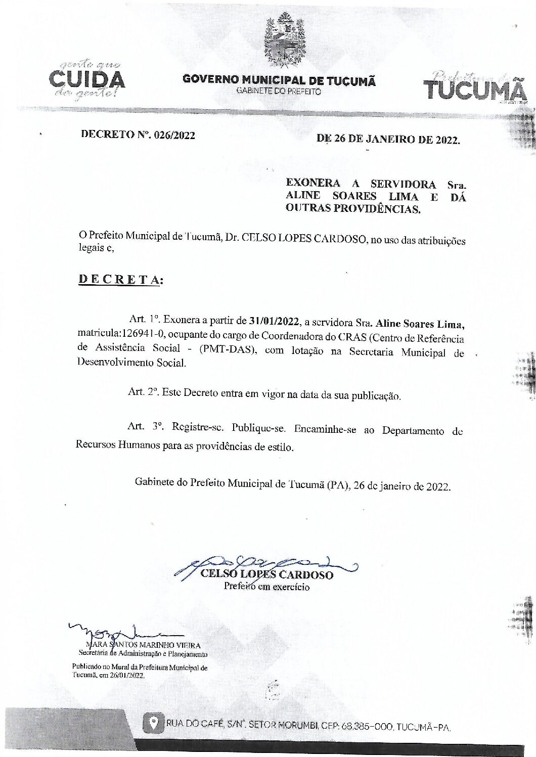 Decreto Nº 0262022 Nomeia Servidora Aline Soares Lima Prefeitura Municipal De Tucumã Gestão 6529